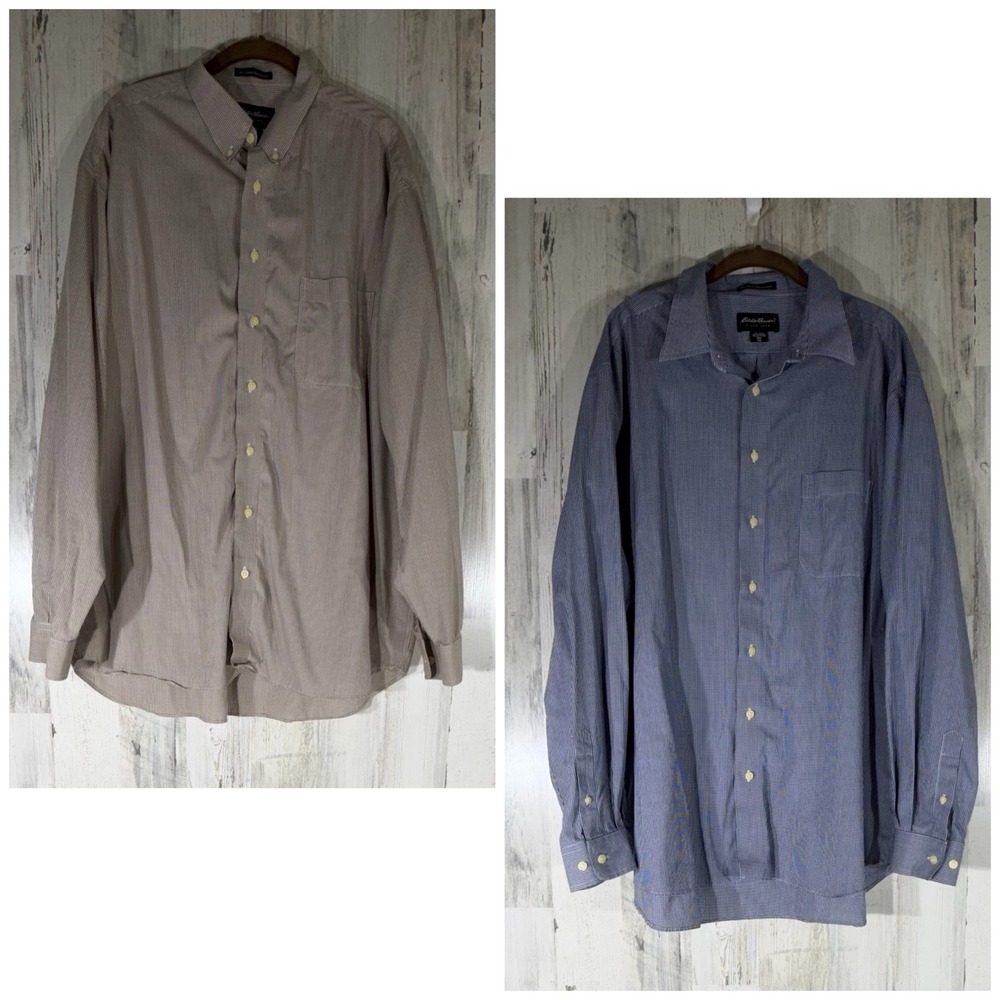 Eddie Bauer Button Down Shirts Size XXL Tall Brown Blue Check Lot of 2 READ